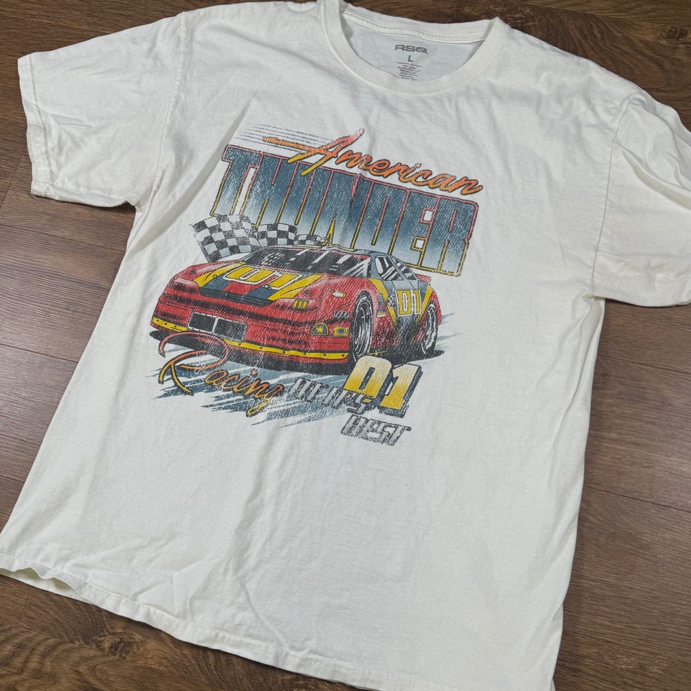 Vintage Racing Graphic Tee RSQ American Thunder Short Sleeve White T-Shirt Large